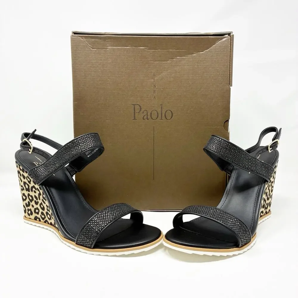 Linea Paolo Edith Black Woven Leopard Print Wedge Sandals 10 NIB